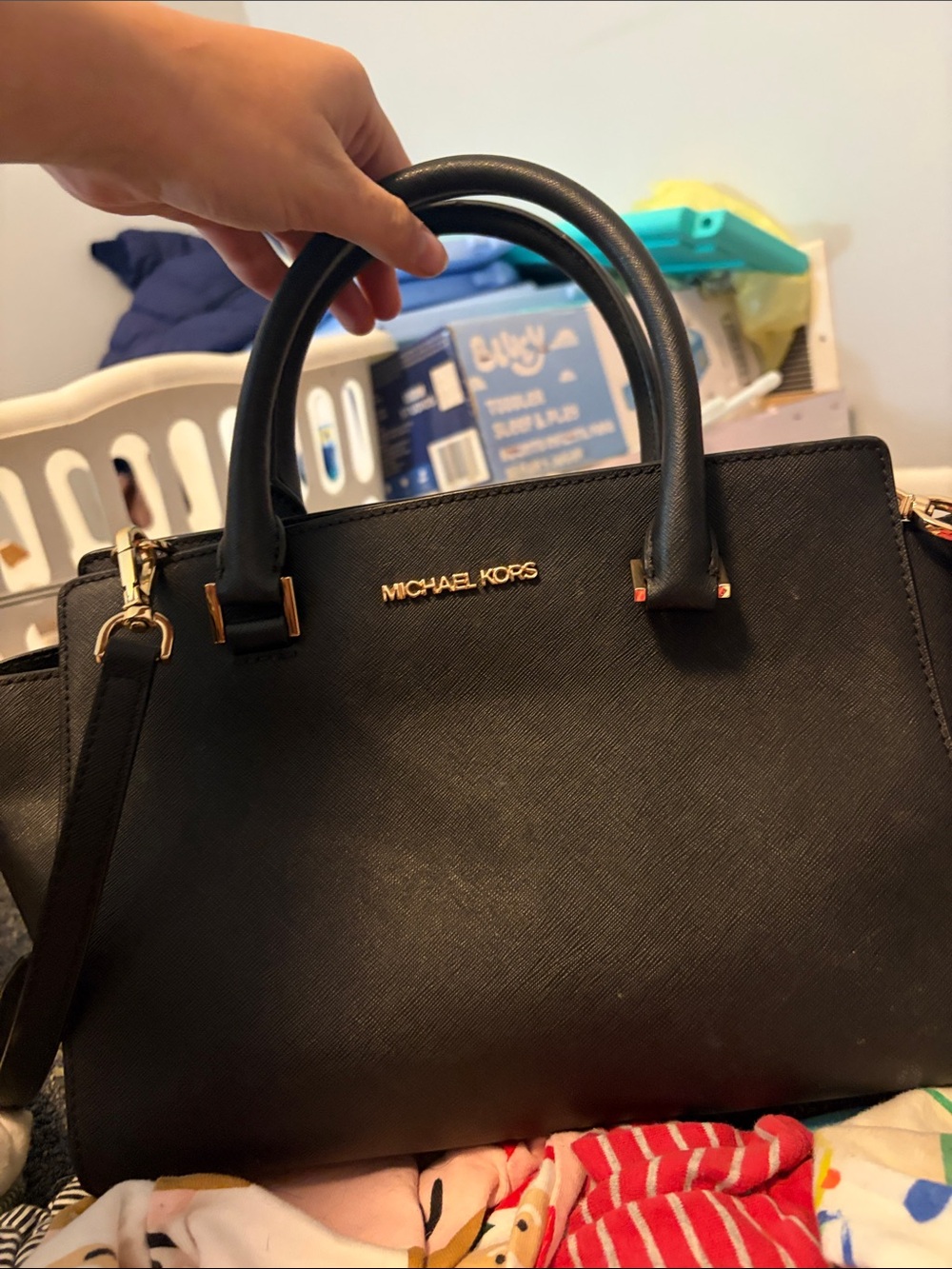 Michael Kors Black Leather Satchel with Gold Hardware